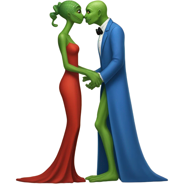 Beatiful tall green skin female reptilian in red dress, kissing white man in blue dress, full figure, full body emoji