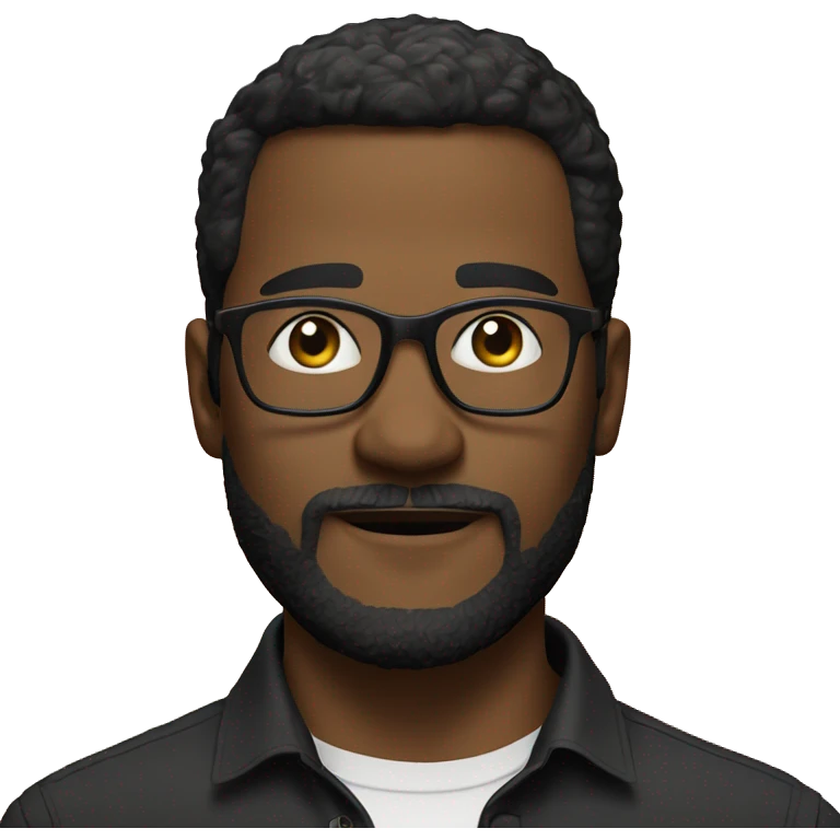 A man with glasses, short dark hair, and a beard wearing a black button-up shirt and light colored pants, standing in front of a colorful background with text. emoji