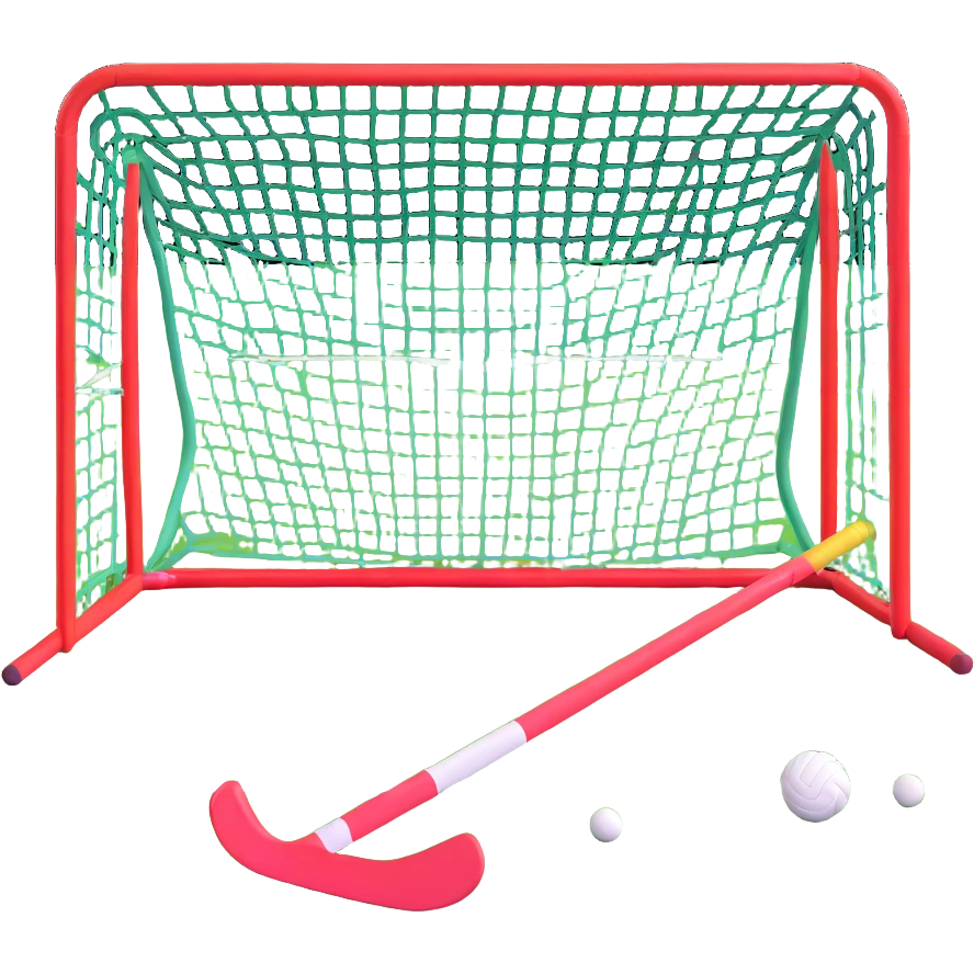 field hockey equipment on lush green pitch with goal in background emoji