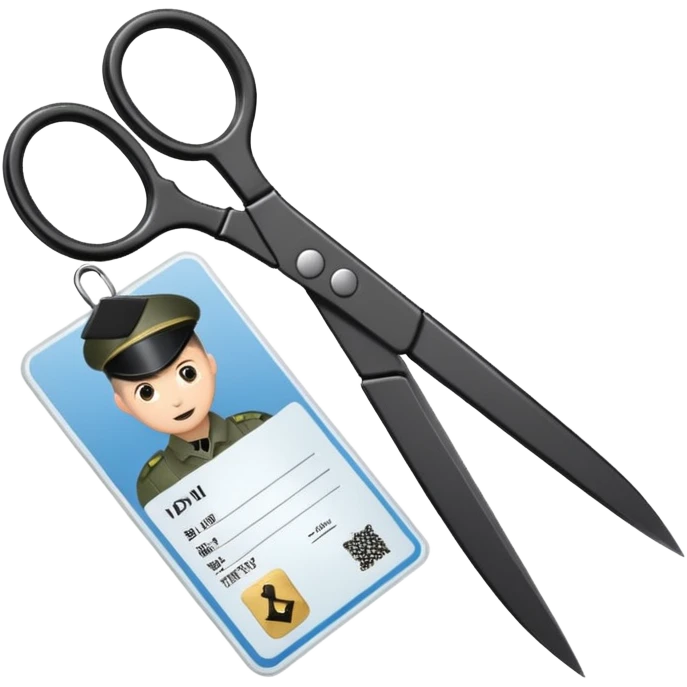 Floating black Scissors cutting an idf soldier ID card in 2 parts .hyper realistic emoji
