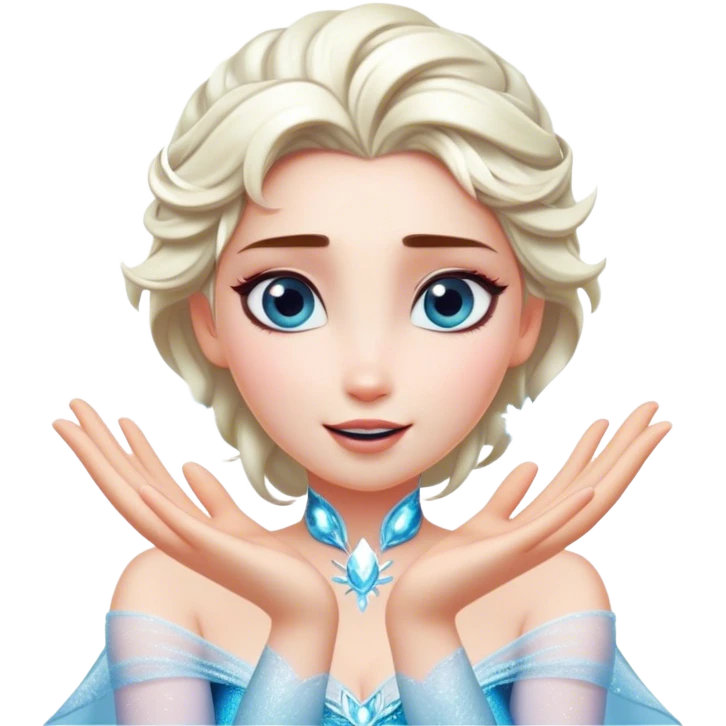 Cinematic Playful Elsa Portrait Emoji, Blowing frost from her hands in a dazzling display, eyes filled with mischief, exuding a magical charm that is both fun and enchanting! emoji