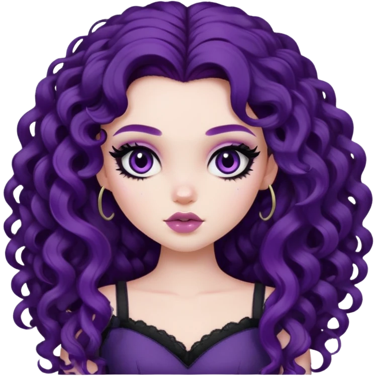 curly long dark purple hair, pale skin, pretty bratz baddie, black eyeliner, blush emoji