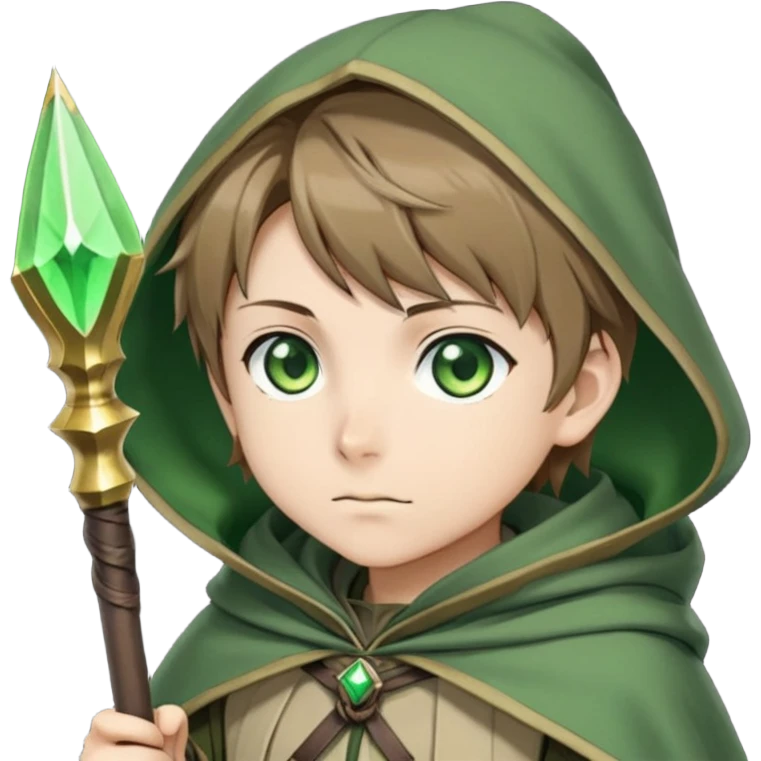 Rudeus Greyrat from Mushoku Tensei, green eyes, short light brown hair, wearing adventurer's outfit with a green cloak, holding a staff, confident and curious expression emoji