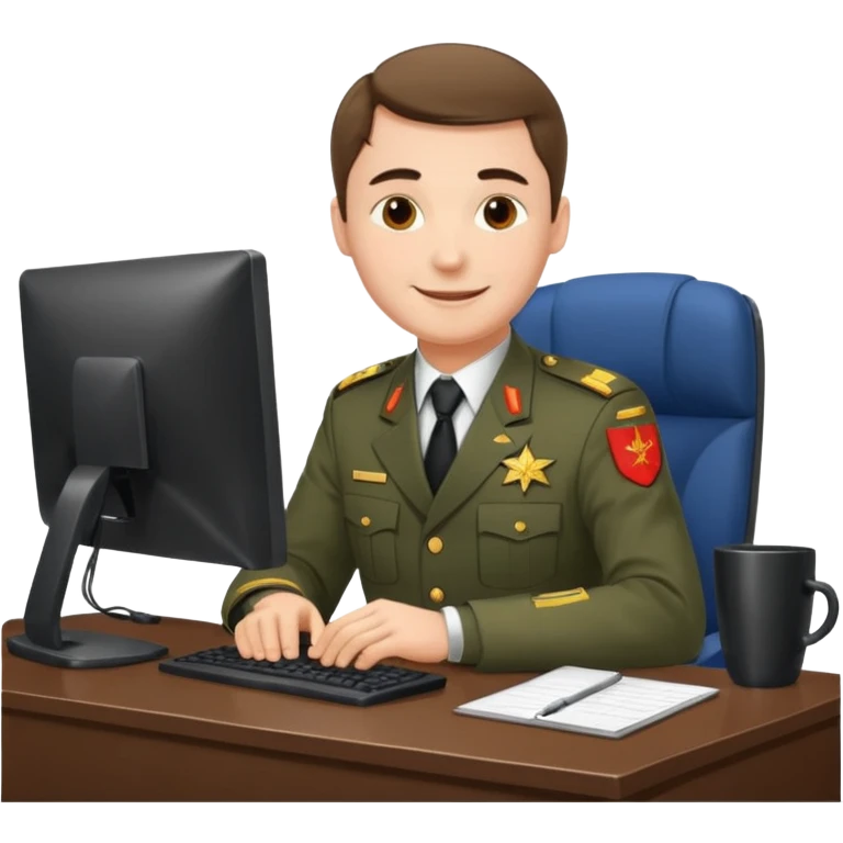 Мужчина в российской прокурорской форме, сидит за компьютером с улыбкой emoji