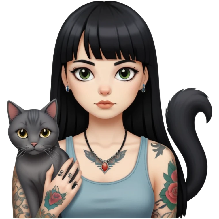 girl with long black  straight bangs hair and tattoos and a grey-shared cat emoji