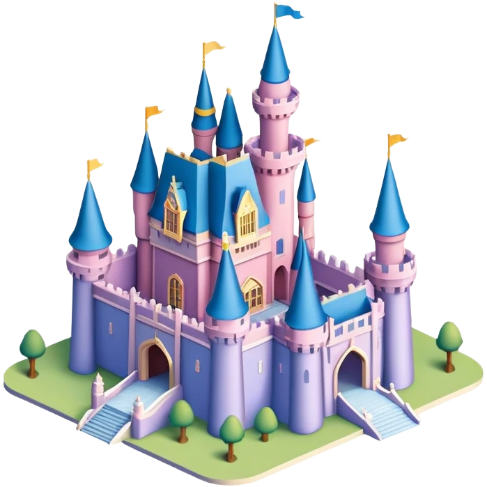 Isometric exterior Walt Disney world castle, dollhouse style 3D realistic  emoji