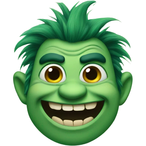 A green troll that is laughing with thick eyebrows emoji