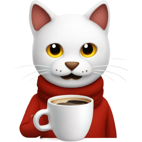 a red man wearing a snowman head drinking coffee petting a cat emoji
