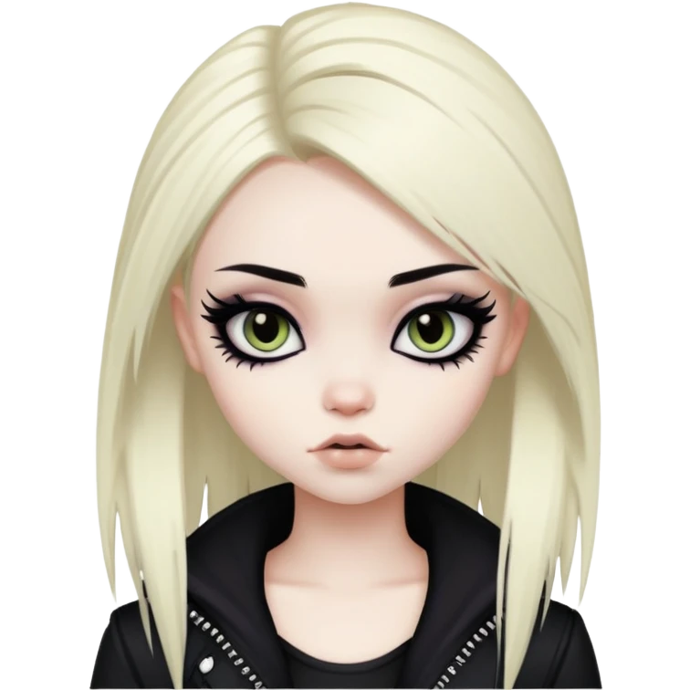 emo alternativ hair, pale skin,  dark iris, pretty bratz baddie, strong black eyeliner emoji