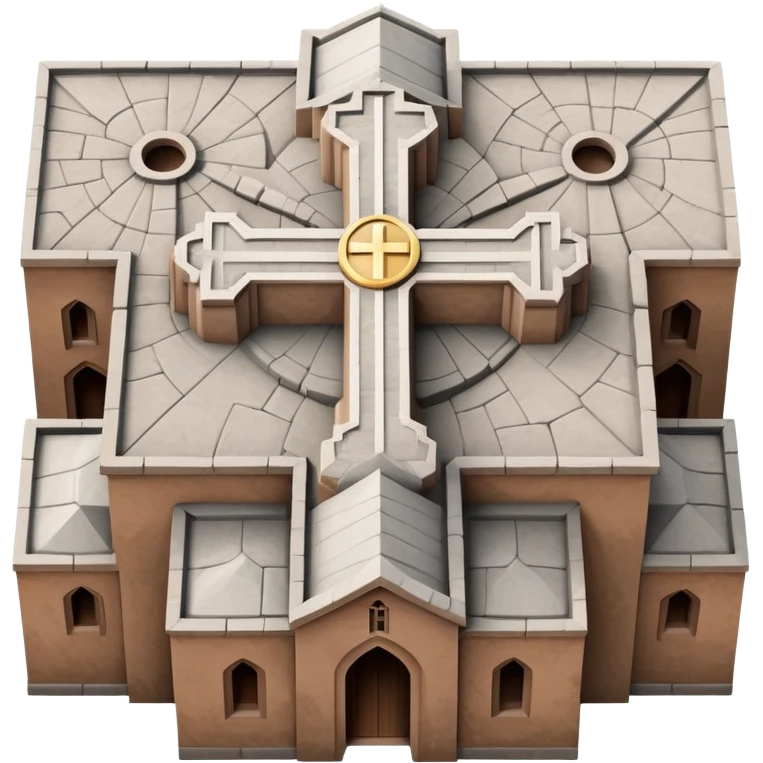top-down emoji of the Church of Saint George, Lalibela, Ethiopia, iOS style, show cross-shaped roof, stone color, clean simple emoji features emoji