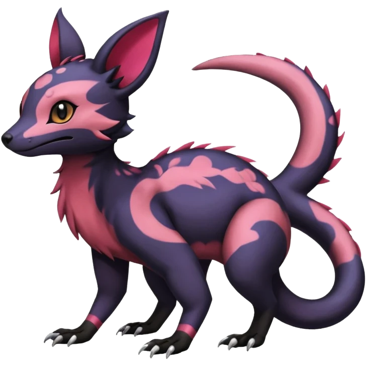 Rare epic aesthetic colorful Salandit-Noibat-Eevee-Civet-species-Fakemon-hybrid-creature, with markings, full body emoji