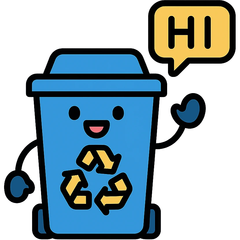 blue recycling bin with a big smile, saying 'hi' in a speech bubble emoji