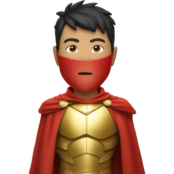 super hero, boy, asian, gold armour, red cape, face mask emoji