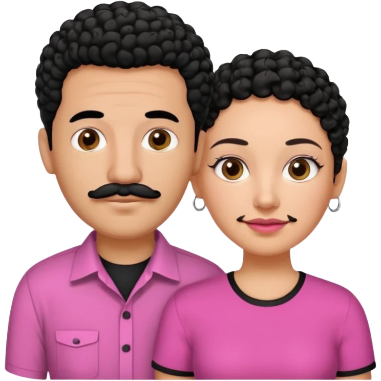 A picture if a couple, the man is a Mexican man with really short almost bald black hair and a trimmed mustache, a black shirt on. the woman is mixed with black and white, with curly hair and a pink shirt on emoji
