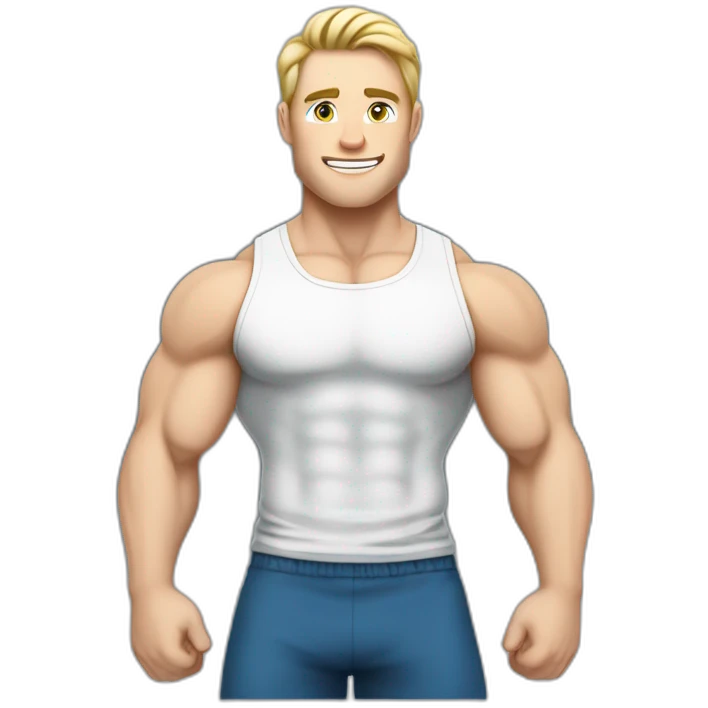 caucasian white muscled guy drinking a protein shake, goes to the gym everyday and works in tech. Has blonde/brunette hair, blue eyes. emoji