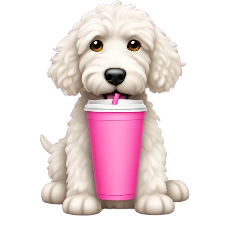 White labradoodle with pink drinking cup with handle and straw emoji