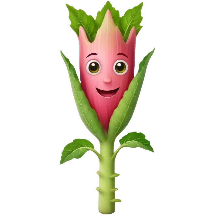 rhubarb stalk with big eyes and a smiling face emoji