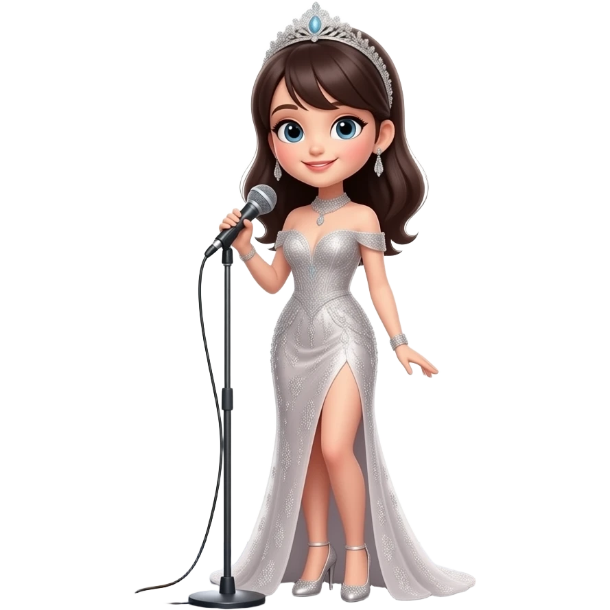 Девушка с темными волосами одета в дорогое платье , стоит на сцене. Рядом микрофон, свет софитов, много камер emoji