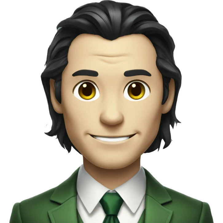 marvel's loki dressed in a grey suit and green tie with evil smile emoji