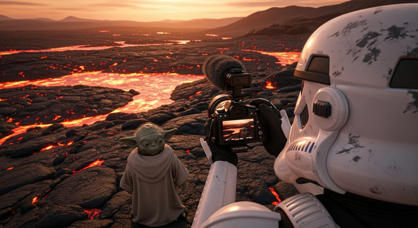 Camera POV, Starwars stormtroopers vlogging holding camera, he is walking on lava planet with yoda emoji