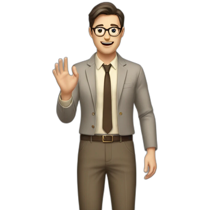 To belt Actively gesturing with hands Pale skinned fit man with dark brown hair in gray jacket, beige office shirt, brown tie, brown pants and vintage glasses. emoji