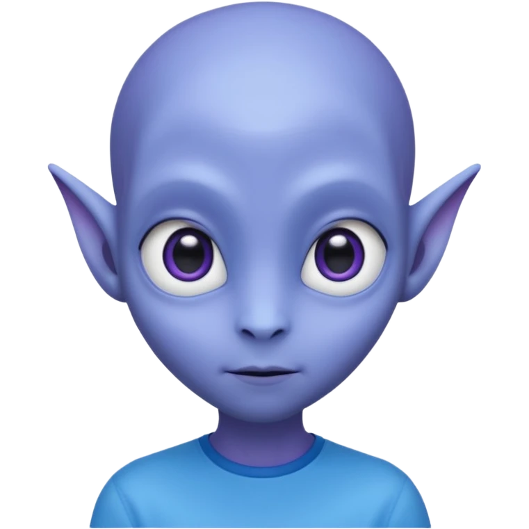 Portrait of an cute alien with smooth purple-blue skin, large black oval eyes, small nose, and visible ears, elongated head, front-facing, wearing blue t-shirt, soft glow, simple futuristic design emoji