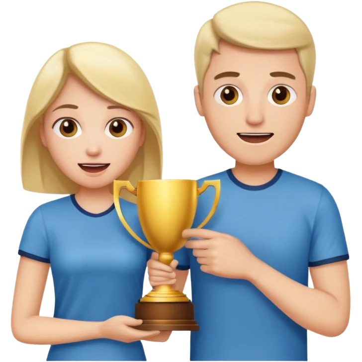 Create an emoji that reflects man & woman that is happy, and that asks a lot of questions and have trophy all around him & her emoji