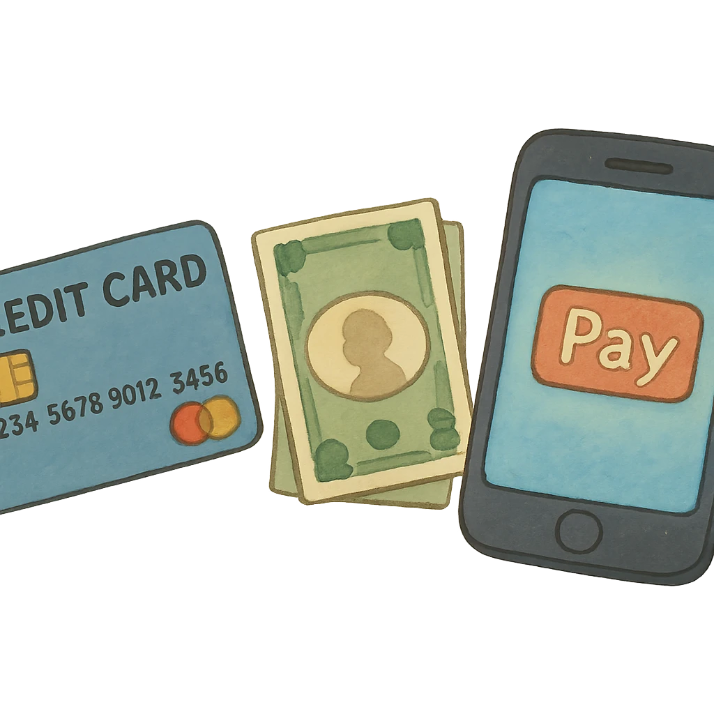 ghibli style illustration of payment methods: credit card, cash, phone emoji