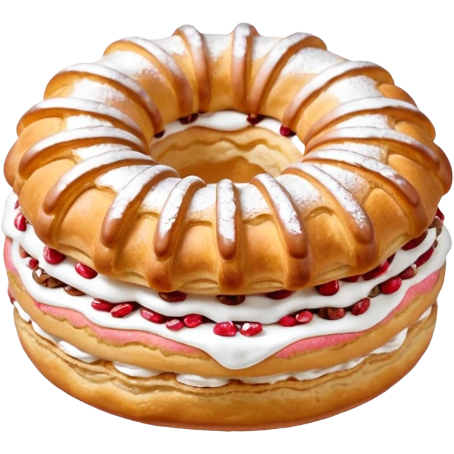 French Paris-Brest cake, wheel shape, choux pastry, praline cream, powdered sugar, no text emoji