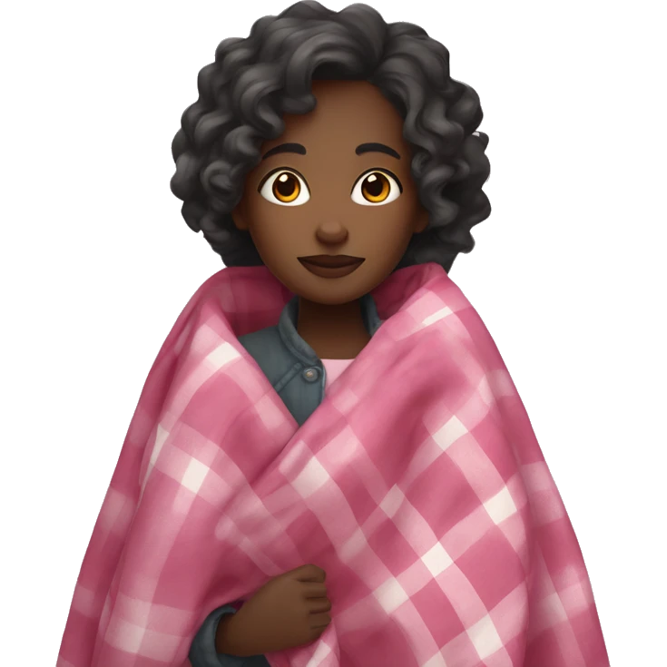 black girl with wavy long hair wrapped up in a pink plaid blanket  emoji