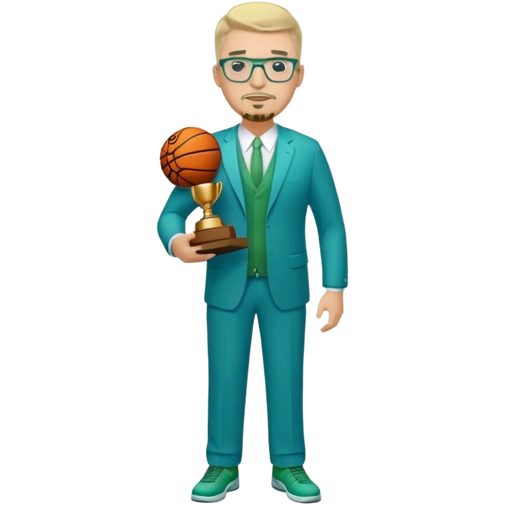 Full Body white male plus size body type  wearing glasses with a goatee with light blonde gray very short hair basketball head Coach in blue and green suit holding trophy emoji