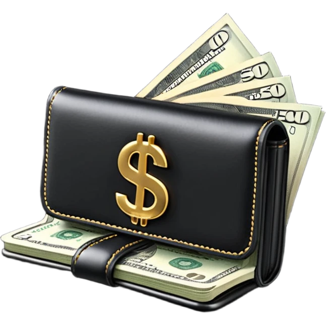 Rich emoji style black leather wallet with dollar bills, luxury money vibe, premium 3D emoji, ultra clean, high detail, no background
 emoji