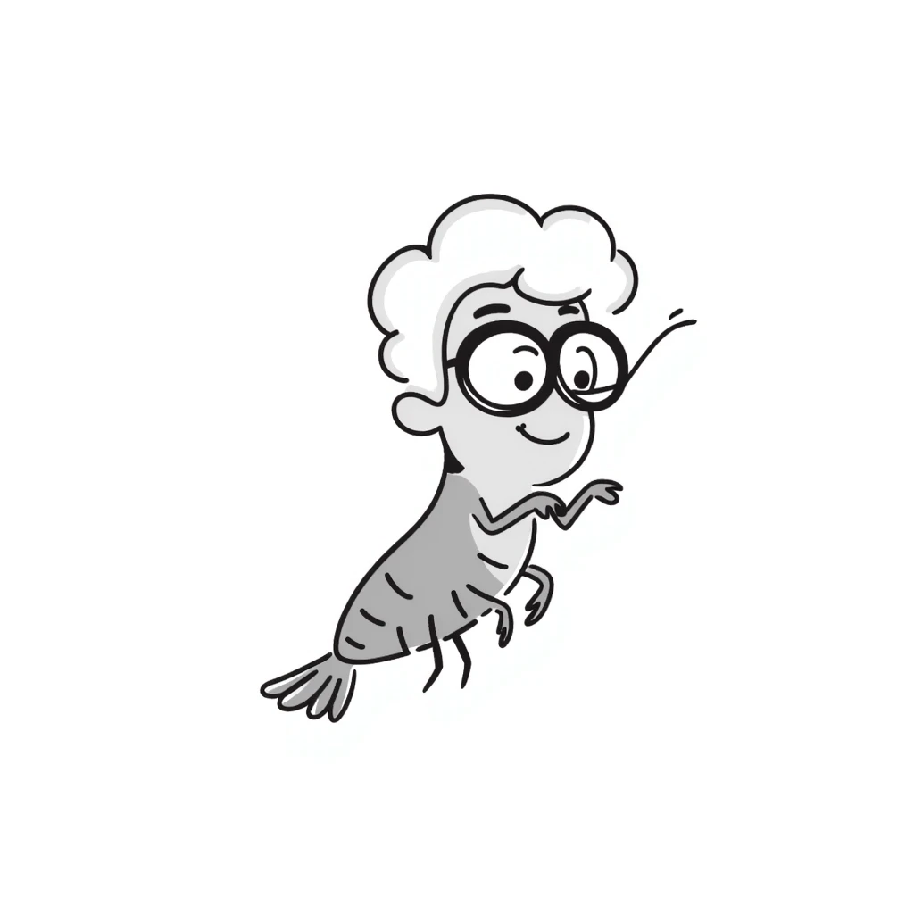 a little shrimp that is old with white hair and glasses, elderly shrimp character with white eyebrows and hair, wearing round glasses emoji
