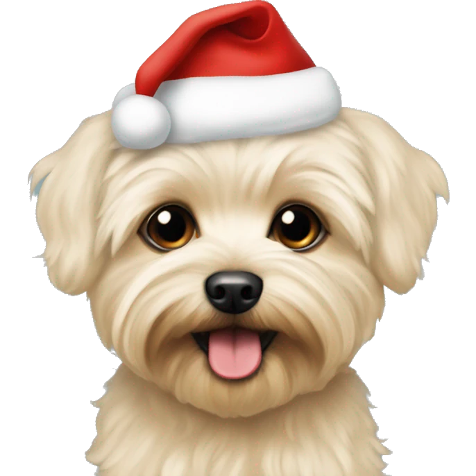 Cream colored Yorkipoo with Santa hat named Dawson emoji