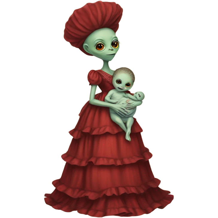  Reptilian alien woman , full body, in victorian red elegant dress , holds a newborn white humman baby emoji