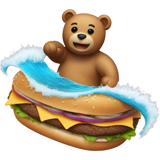 Teddy bear with a burger surfing on a tidal wave  emoji
