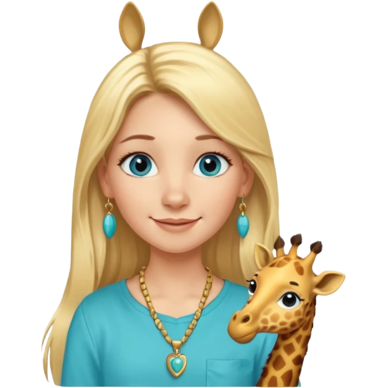 Swedish girl blonde long straigt hair blue eyes turqoise shirt gold earings, girrafe necklace gold small, long lashes smiling closed mouth emoji