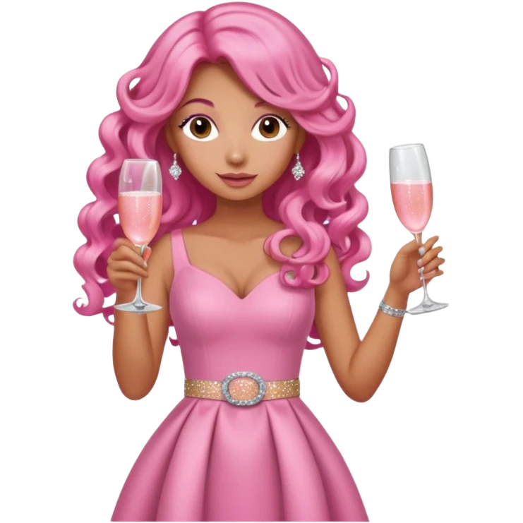One lady with long pink curled hair and tan skin wearing a pink dress with sparkly belt holding a glass of pink champagne in each hand emoji