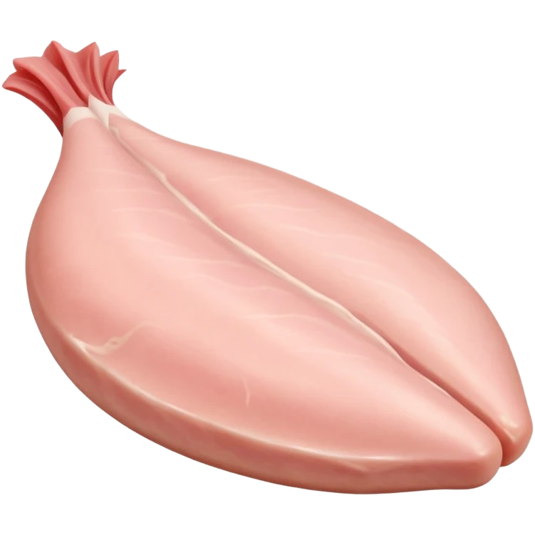 raw chicken fillet, boneless, tapered, pale pink, smooth, slightly glossy, moist, subtle muscle grain, gentle curves, fresh, lean, flat or curved, no plate or extra elements, no faces, clean 3D rendering, soft shadows, transparent background, emoji scale emoji