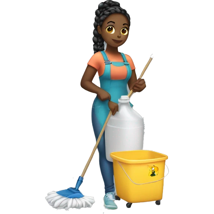 A thick black girl with braids in a ponytail standing cleaning supplies emoji