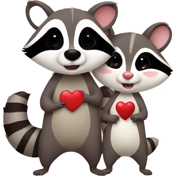 Raccoon and opossum cute animal couple love with heart emoji