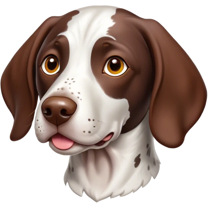 Cinematic Cute German Pointer Portrait Emoji, Head tilted playfully and inquisitively, showcasing a smooth liver and white coat with a healthy sheen, round, sparkling brown eyes filled with curiosity, Simplified yet irresistibly adorable features, highly detailed, glowing with a warm, friendly glow, high shine, affectionate and spirited, stylized with a touch of whimsy, bright and endearing, soft glowing outline, capturing the essence of a mischievous yet loving companion, so playful it feels like it could dash out of the screen and into your arms! emoji