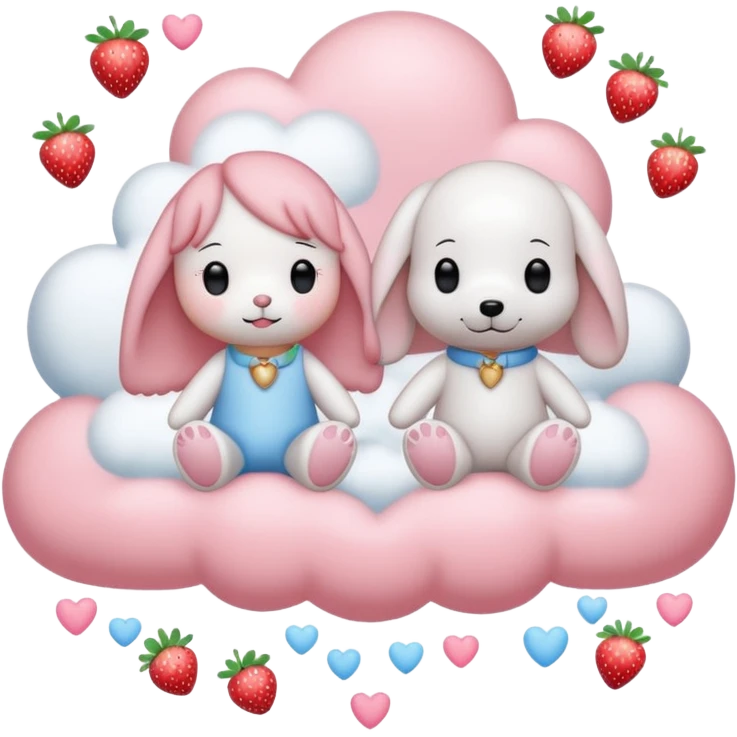  Couple DP in AI emoji style with Cinnamoroll and Snoopy. Both wear strawberry-themed accessories, sitting together on a pastel pink cloud with hearts, sparkles, and strawberries around. Cute, soft, and romantic vibe. emoji