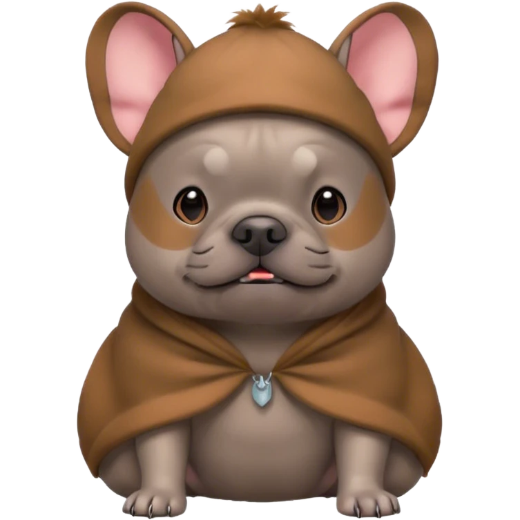 a grey french bulldog wearing a capybara costume emoji