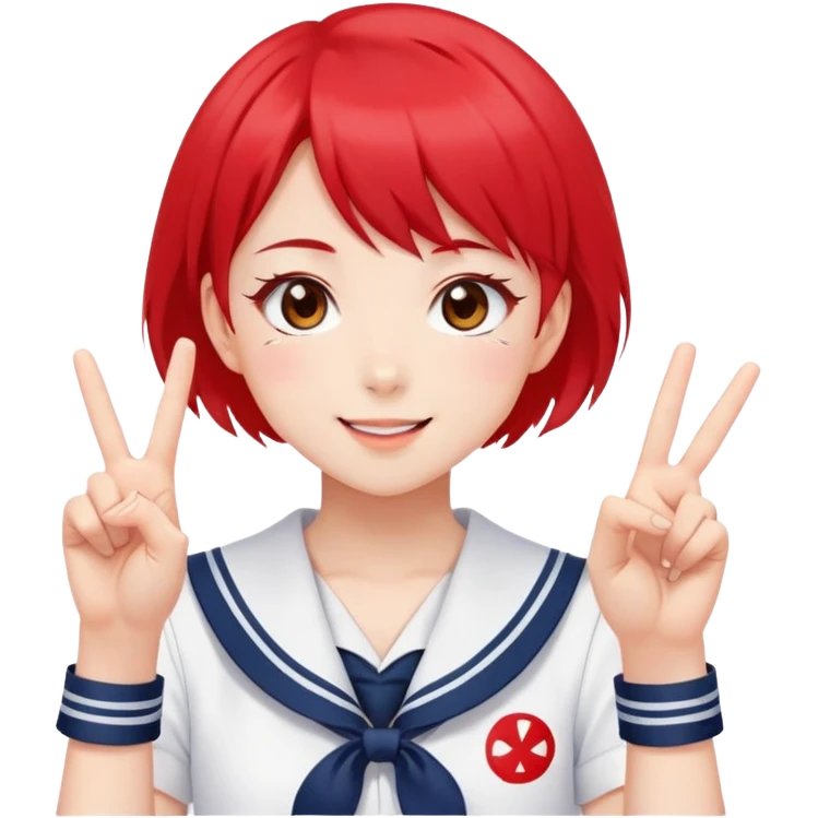 Energetic anime girl with short bright red hair wearing Japanese sailor style school uniform, winking and making double peace signs, very cheerful and bubbly, kawaii style emoji