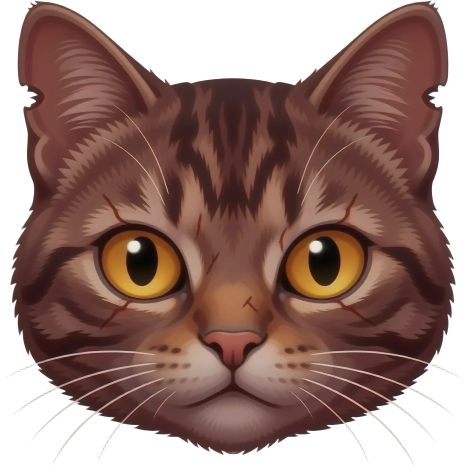 An evil very darkredbrown tabby cat head with scars and bright orange eyes and a lot of scars and torn ears emoji