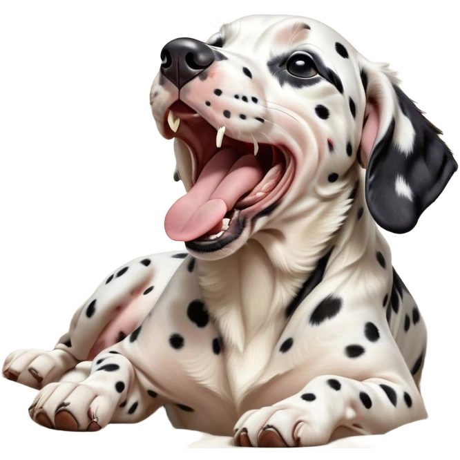 Cinematic Cute Yawning Spotted Dalmatian Portrait Emoji, Head tilted slightly with a dramatic, wide-open yawn, showcasing a smooth Fur of predominantly white with bold black patches, floppy ears slightly drooping, round eyes barely open in drowsy contentment, Simplified yet irresistibly adorable features, highly detailed, glowing with a soft, cozy glow, high shine, relaxed yet expressive, stylized with a touch of whimsy, bright and endearing, soft glowing outline, capturing the essence of a sleepy yet affectionate guardian, so drowsy it feels like it could stretch out of the screen and curl up for a nap! emoji