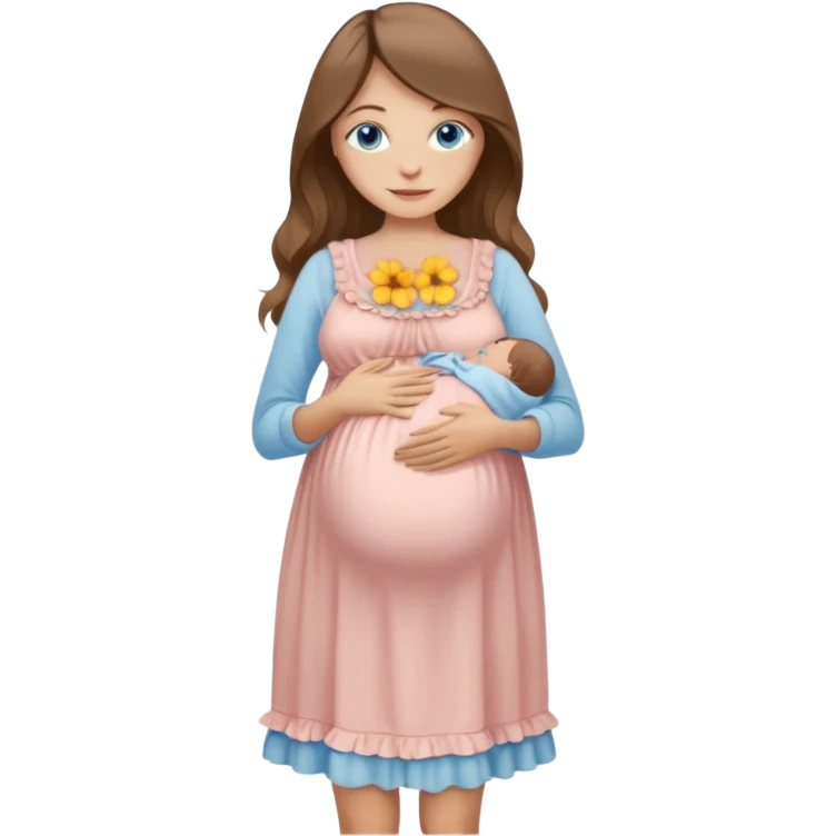 Beautiful Woman with Blue eyes, and long flowing almond brown hair and a light peachy tan skin tone, standing in a relaxed pose holding her visible baby bump,in frilly buttercream colored babydoll sundress  emoji