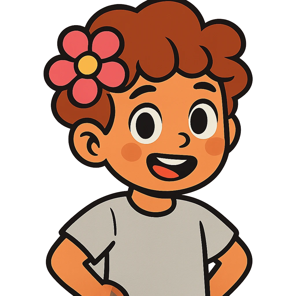 a boy with fluffy, wavy short hair and brown eyes, wearing a light grey t-shirt and a light pink flower on his head, cartoon style emoji