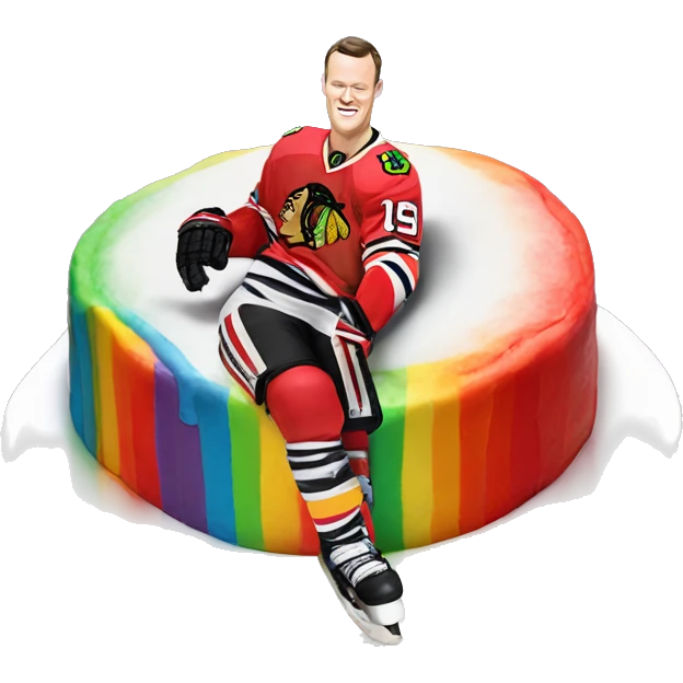 Jonathan Toews laying on a rainbow cake emoji